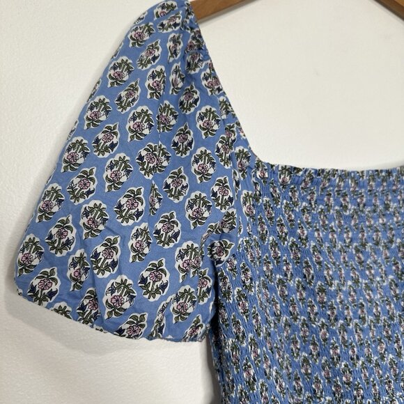 J Crew Smocked Puff Sleeve Midi Dress XL Blue Floral - Picture 2 of 14